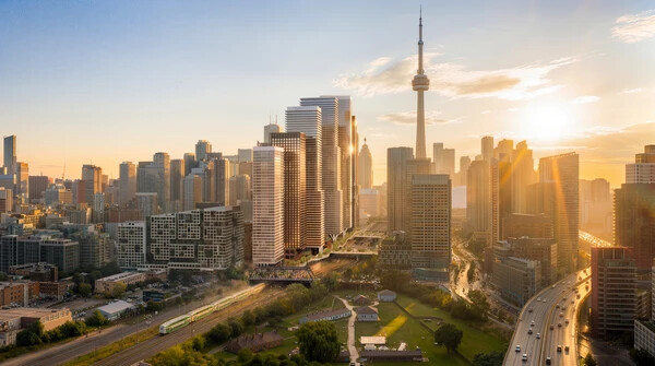 Aerial view of a city skyline during sunset, featuring tall skyscrapers, including a tower, with sun rays creating a warm glow over the buildings and streets.